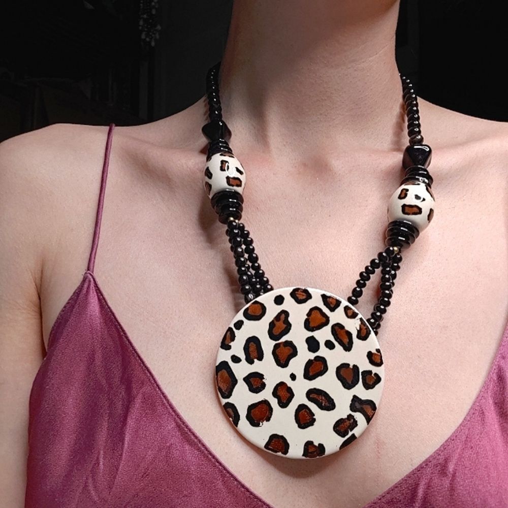 Large Cheetah Leopard Print Statement Pendant Nec… - image 1